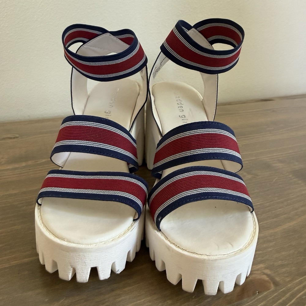 Madden Girl Womens 7M Red White Blue Sohoo Platform Heel Slip On Strappy Sandals - Picture 3 of 9